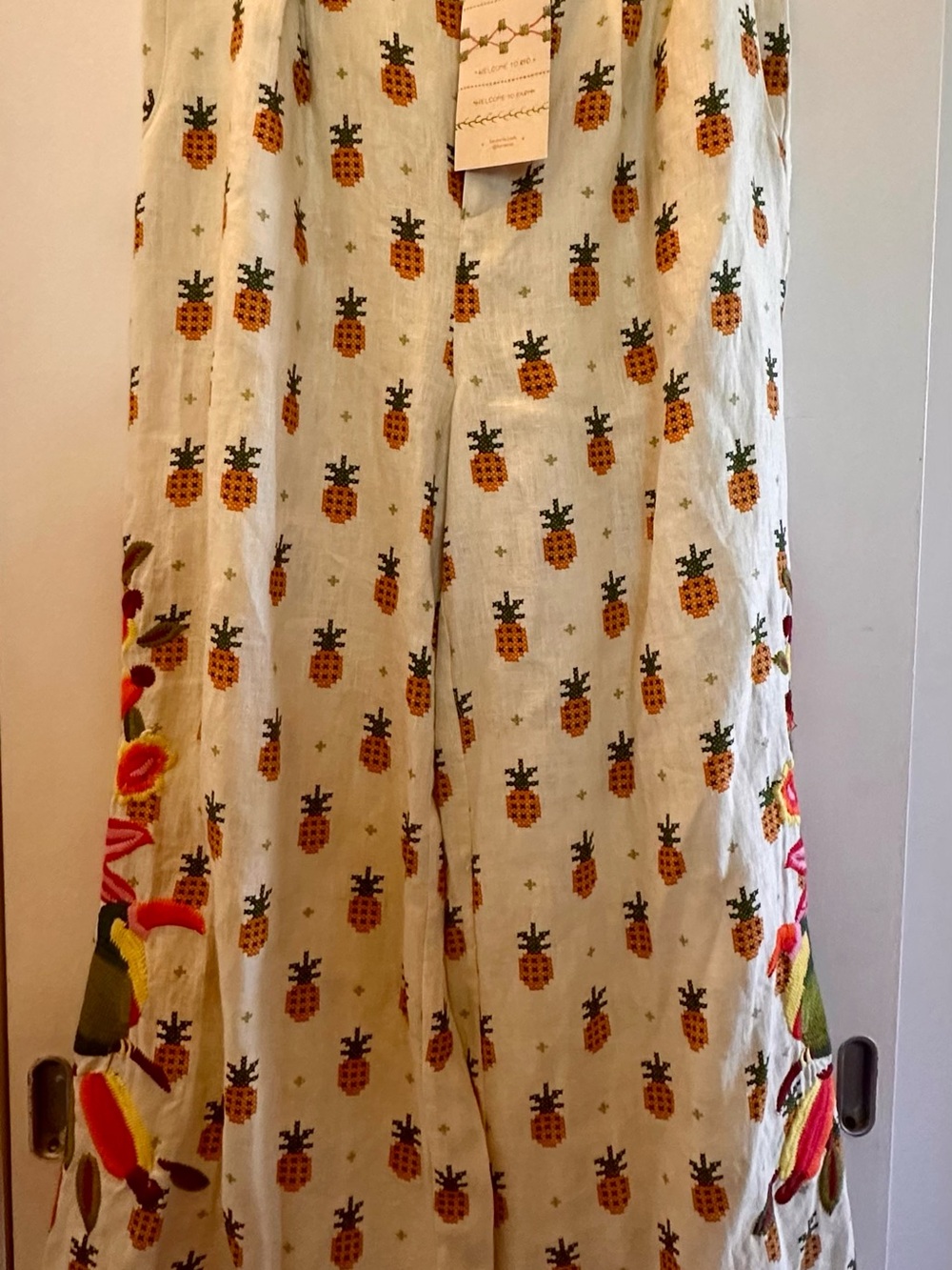 FARM Rio White Wide-Leg Pineapple Jumpsuit with Colorful Side Embroidery Fall